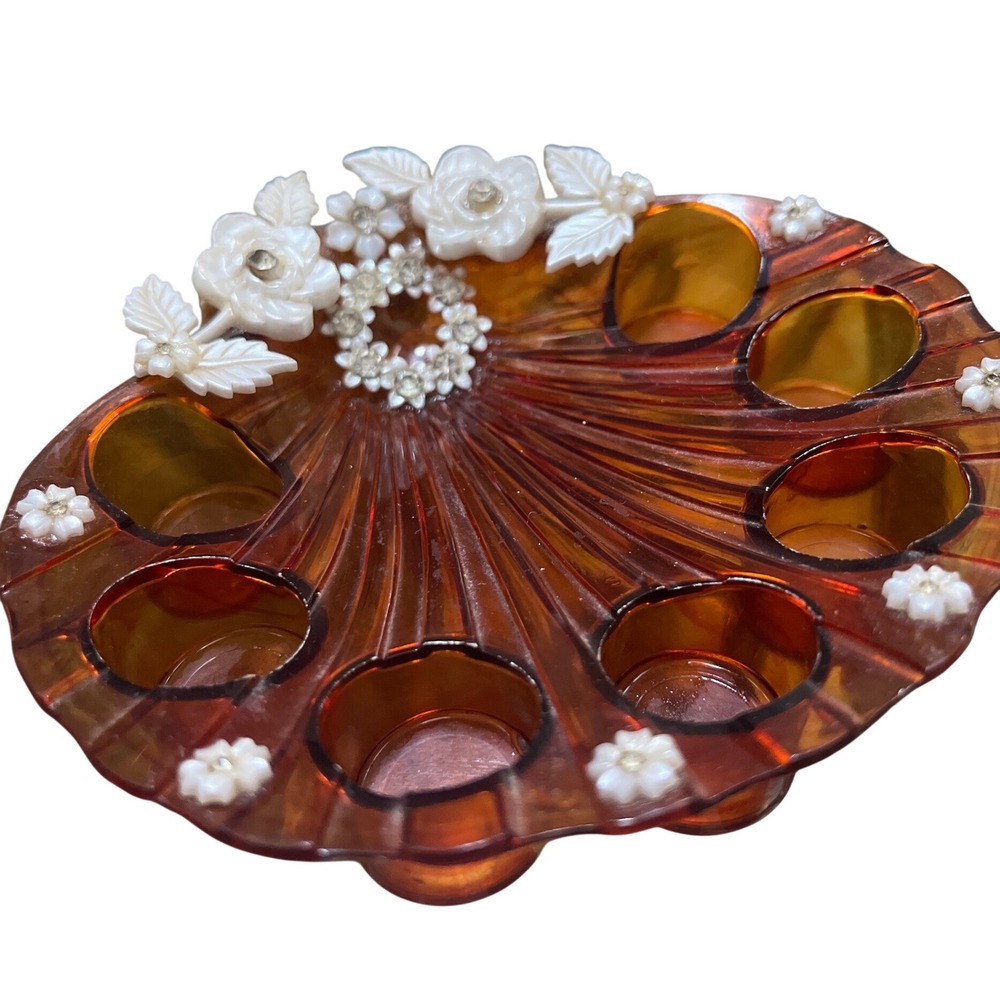 Vintage Amber Lucite Shell Lipstick Holder Floral Rhinestone Vanity Organizer